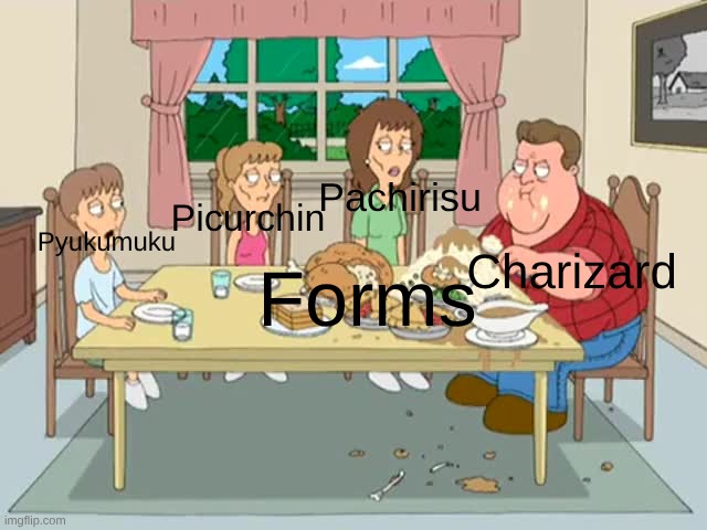 fat john goodman with starving family | Pachirisu; Pyukumuku; Picurchin; Charizard; Forms | image tagged in fat john goodman with starving family | made w/ Imgflip meme maker