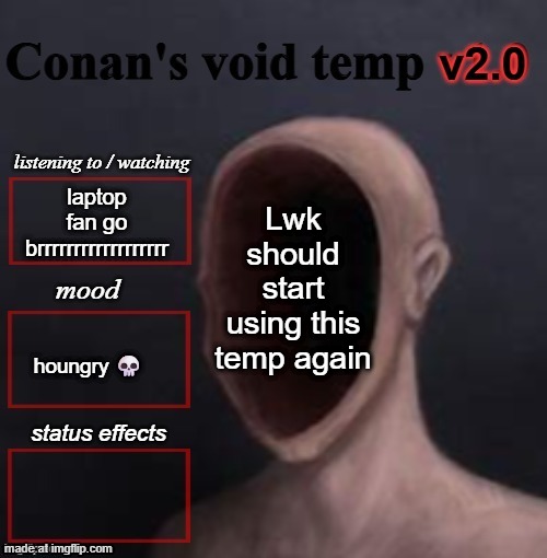 conan void temp 2 | Lwk should start using this temp again; laptop fan go brrrrrrrrrrrrrrrrrr; houngry 💀 | image tagged in conan void temp 2 | made w/ Imgflip meme maker