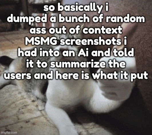 random bias warning idk | so basically i dumped a bunch of random ass out of context MSMG screenshots i had into an Ai and told it to summarize the users and here is what it put | image tagged in cat thumbs up | made w/ Imgflip meme maker