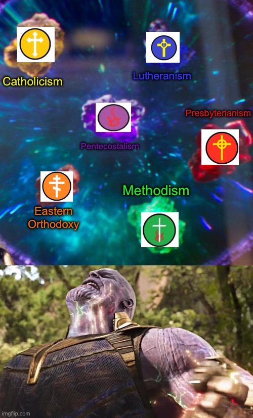 Infinity Stones | Catholicism; Lutheranism; Presbyterianism; Pentecostalism; Methodism; Eastern Orthodoxy | image tagged in thanos infinity stones,catholicism,eastern orthodoxy,protestantism,redeemed zoomer,martin luther | made w/ Imgflip meme maker