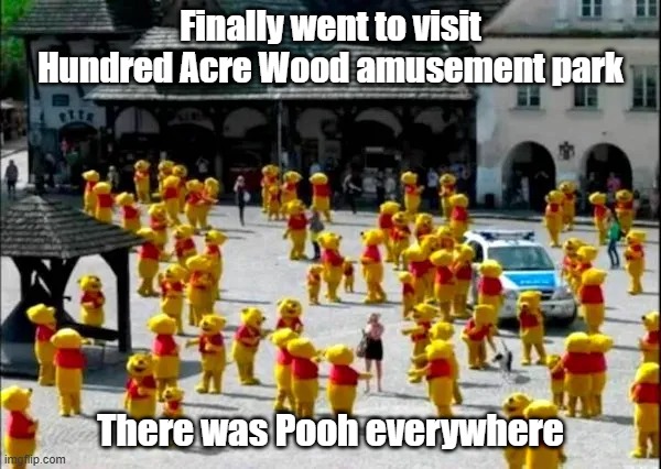 Pooh Everywhere | Finally went to visit Hundred Acre Wood amusement park; There was Pooh everywhere | image tagged in winnie the pooh,amusement park,dirty,whats that smell | made w/ Imgflip meme maker