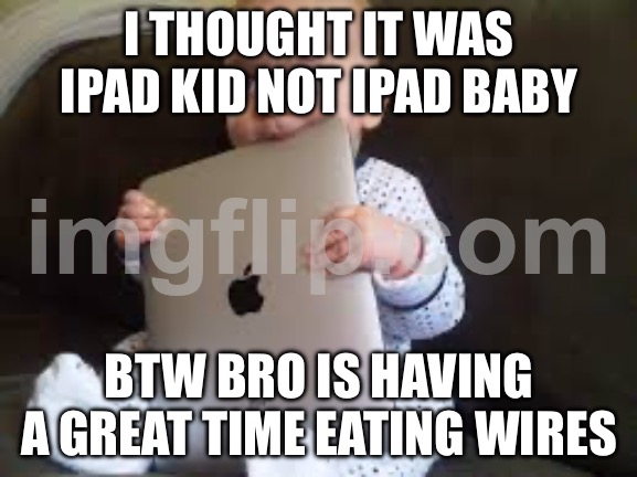 Dude | I THOUGHT IT WAS IPAD KID NOT IPAD BABY; BTW BRO IS HAVING A GREAT TIME EATING WIRES | image tagged in baby | made w/ Imgflip meme maker