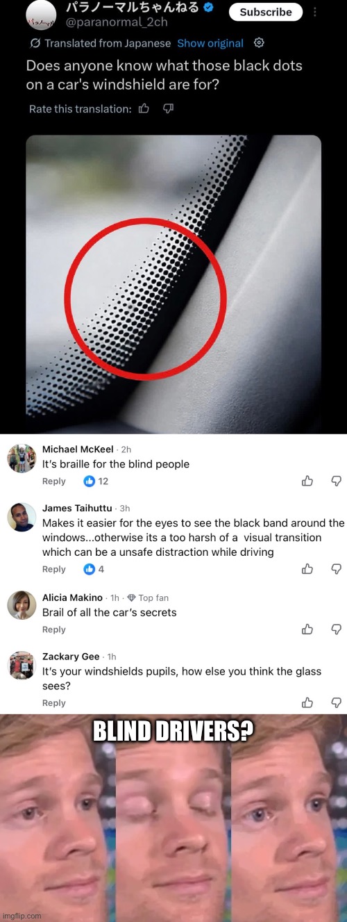 To help blind drivers? | BLIND DRIVERS? | image tagged in closes eyes,blind,braille,drivers,window,cars | made w/ Imgflip meme maker