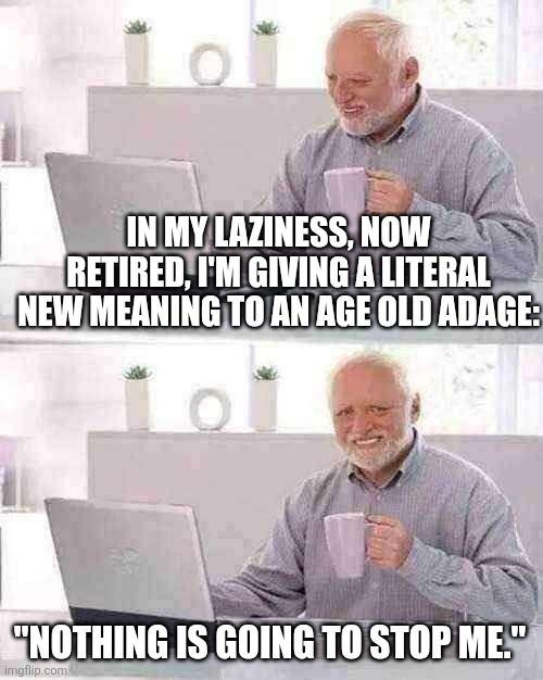 Nothing gets in my way now | IN MY LAZINESS, NOW RETIRED, I'M GIVING A LITERAL NEW MEANING TO AN AGE OLD ADAGE:; "NOTHING IS GOING TO STOP ME." | image tagged in memes,hide the pain harold,lazy,sarcastic,satire,nothing to see here | made w/ Imgflip meme maker