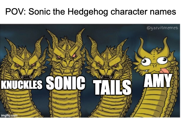 :l | POV: Sonic the Hedgehog character names; AMY; SONIC; KNUCKLES; TAILS | image tagged in four headed dragon,memes,sonic the hedgehog | made w/ Imgflip meme maker