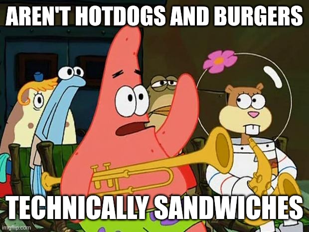 The sandwich dilemma | AREN'T HOTDOGS AND BURGERS; TECHNICALLY SANDWICHES | image tagged in patrick mayonaise,funny,can't argue with that / technically not wrong,memes,dilemma | made w/ Imgflip meme maker