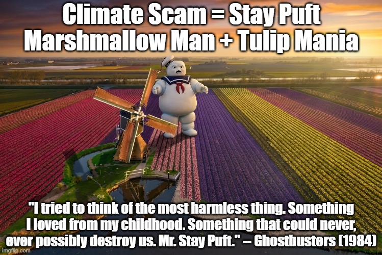 Climate Scam = Stay Puft Marshmallow Man + Tulip Mania; "I tried to think of the most harmless thing. Something I loved from my childhood. Something that could never, ever possibly destroy us. Mr. Stay Puft." -- Ghostbusters (1984) | made w/ Imgflip meme maker