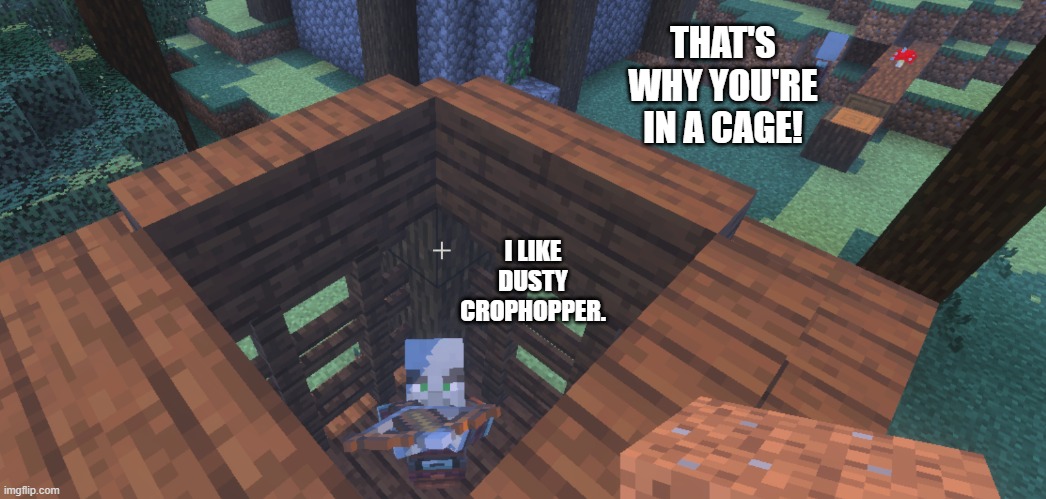 Pillager | THAT'S WHY YOU'RE IN A CAGE! I LIKE DUSTY CROPHOPPER. | image tagged in pillager | made w/ Imgflip meme maker