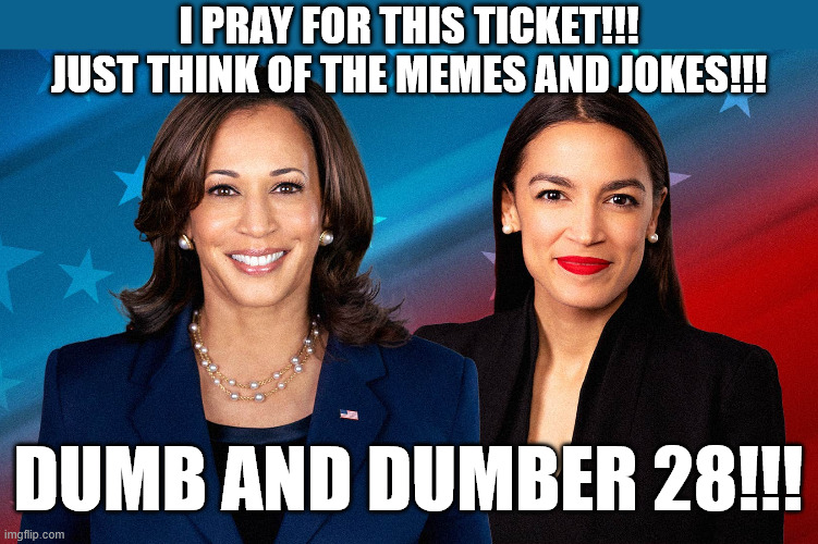 DUMB AND DUMBER 28!!! | I PRAY FOR THIS TICKET!!! JUST THINK OF THE MEMES AND JOKES!!! DUMB AND DUMBER 28!!! | image tagged in kamala aoc,kamala harris,aoc,democrats,president,memes | made w/ Imgflip meme maker