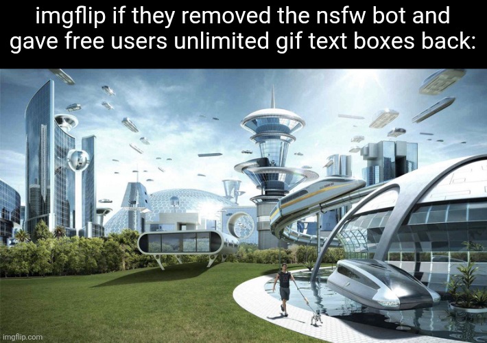 The future world if | imgflip if they removed the nsfw bot and gave free users unlimited gif text boxes back: | image tagged in the future world if | made w/ Imgflip meme maker