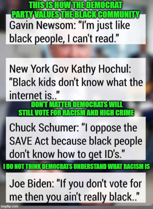 This is how the democrat party values the black community or any minority group | THIS IS HOW THE DEMOCRAT PARTY VALUES THE BLACK COMMUNITY; DON’T MATTER DEMOCRATS WILL STILL VOTE FOR RACISM AND HIGH CRIME; I DO NOT THINK DEMOCRATS UNDERSTAND WHAT RACISM IS | image tagged in democratic party,liberal hypocrisy,african american,black community,racism,gavin newsom | made w/ Imgflip meme maker