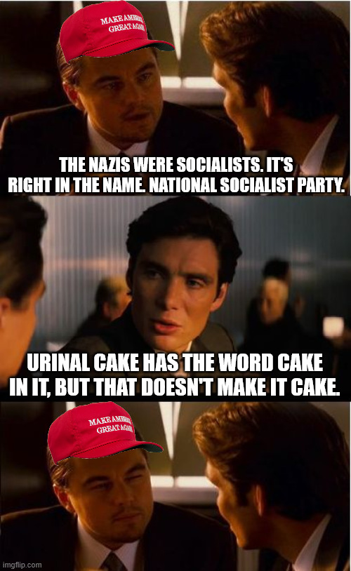 Inception Meme | THE NAZIS WERE SOCIALISTS. IT'S RIGHT IN THE NAME. NATIONAL SOCIALIST PARTY. URINAL CAKE HAS THE WORD CAKE IN IT, BUT THAT DOESN'T MAKE IT CAKE. | image tagged in memes,inception | made w/ Imgflip meme maker