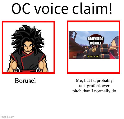 It was me! I did it like this- | GREENLEGO
MONKEY; Borusel; Me, but I'd probably talk grufer/lower pitch than I normally do | image tagged in boom,the heavy is ded,hevy being you since you read the tags | made w/ Imgflip meme maker