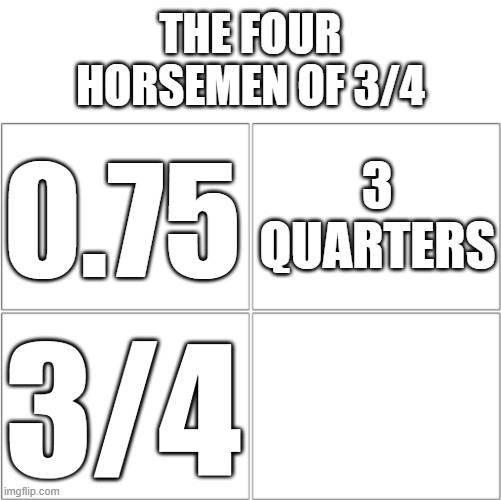 If you figure it out ur probably good at using both sides of the brain | THE FOUR HORSEMEN OF 3/4; 3
QUARTERS; 0.75; 3/4 | image tagged in the 4 horsemen of,3/4,lol so funny,memes,blank white template,funny memes | made w/ Imgflip meme maker
