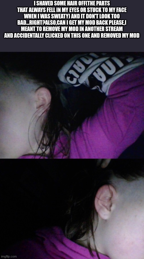 I SHAVED SOME HAIR OFF(THE PARTS THAT ALWAYS FELL IN MY EYES OR STUCK TO MY FACE WHEN I WAS SWEATY) AND IT DON'T LOOK TOO BAD...RIGHT?ALSO,CAN I GET MY MOD BACK PLEASE,I MEANT TO REMOVE MY MOD IN ANOTHER STREAM AND ACCIDENTALLY CLICKED ON THIS ONE AND REMOVED MY MOD | made w/ Imgflip meme maker