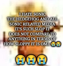 owners js ban sonic slop already | I HATE SONIC THE HEDGEHOG AND ALL SONIC RELATED MEDIA IT'S SUCH SLOP IT DOES NOT COMPARE TO ANYTHING IN TERMS OF HOW SLOPPY IT IS OML 😭😭; 😭😭😭 | image tagged in the lowrax | made w/ Imgflip meme maker