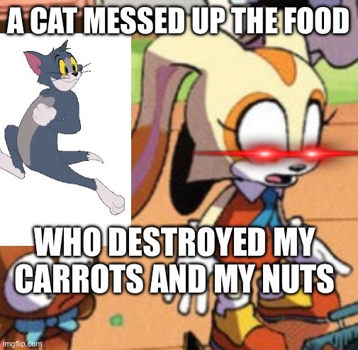 cream the rabbit angry for tom cat who destroys food! | A CAT MESSED UP THE FOOD; WHO DESTROYED MY CARROTS AND MY NUTS | image tagged in cream the rabbit gasp | made w/ Imgflip meme maker