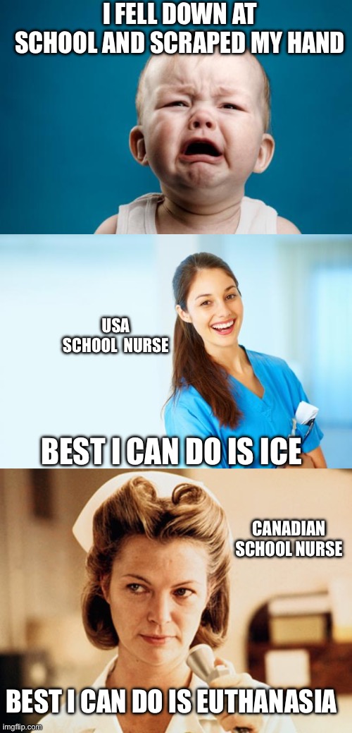 Ronald Reagan was right- Goverment IS the problem. | I FELL DOWN AT SCHOOL AND SCRAPED MY HAND; USA SCHOOL  NURSE; BEST I CAN DO IS ICE; CANADIAN SCHOOL NURSE; BEST I CAN DO IS EUTHANASIA | image tagged in laughing nurse,nurse ratched,canadian,ice,euthanasia | made w/ Imgflip meme maker