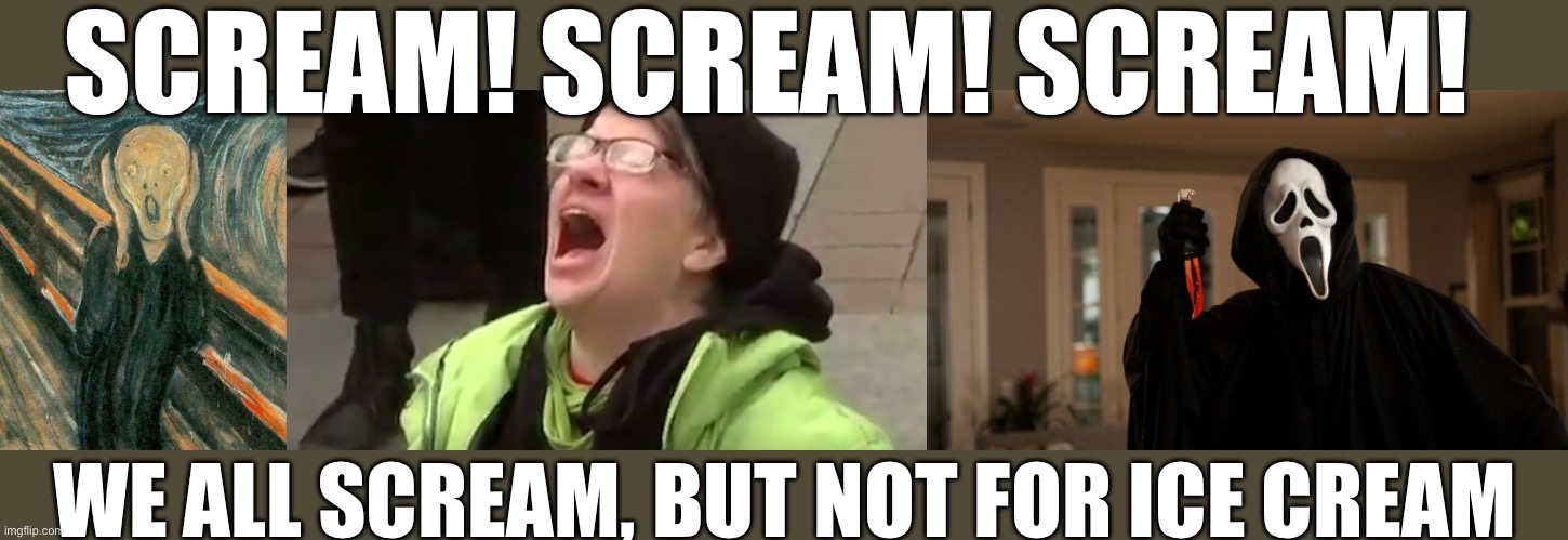 SCREAM! SCREAM! SCREAM! WE ALL SCREAM, BUT NOT FOR ICE CREAM | image tagged in the scream,screaming liberal,ghostface scream | made w/ Imgflip meme maker