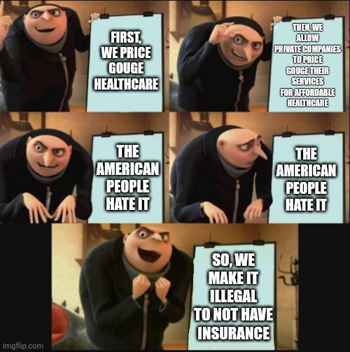Life in America Be Like | THEN, WE ALLOW PRIVATE COMPANIES TO PRICE GOUGE THEIR SERVICES FOR AFFORDABLE HEALTHCARE; FIRST, WE PRICE GOUGE HEALTHCARE; THE AMERICAN PEOPLE HATE IT; THE AMERICAN PEOPLE HATE IT; SO, WE MAKE IT ILLEGAL TO NOT HAVE INSURANCE | image tagged in 5 panel gru meme | made w/ Imgflip meme maker