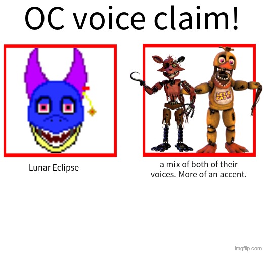 hehe | a mix of both of their voices. More of an accent. Lunar Eclipse | image tagged in rose/bee's oc voice claim challenge | made w/ Imgflip meme maker