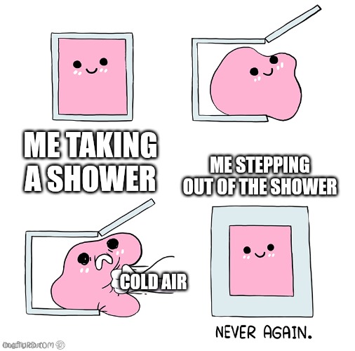 Cold air | ME TAKING A SHOWER; ME STEPPING OUT OF THE SHOWER; COLD AIR | image tagged in pink blob in the box | made w/ Imgflip meme maker