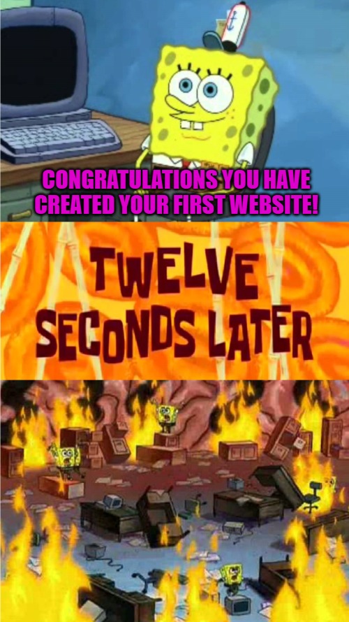 awww- | CONGRATULATIONS YOU HAVE CREATED YOUR FIRST WEBSITE! | image tagged in spongebob office rage | made w/ Imgflip meme maker