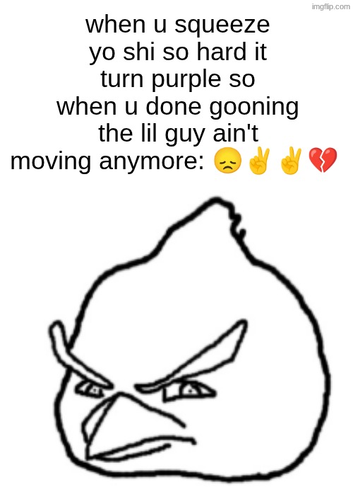 s | when u squeeze yo shi so hard it turn purple so when u done gooning the lil guy ain't moving anymore: 😞✌✌💔 | image tagged in unrealistic angry bird | made w/ Imgflip meme maker