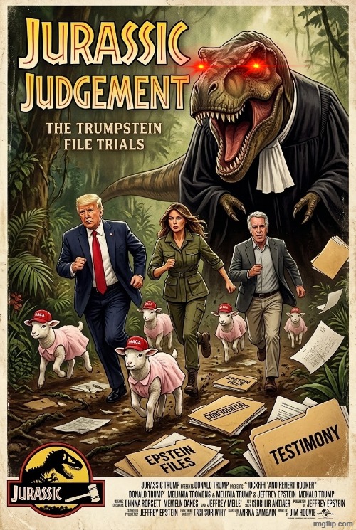 JURASSIC JUDGEMENT | image tagged in jurassic park,jurassic world,jurassic park t rex,trump,melania trump,jeffrey epstein | made w/ Imgflip meme maker