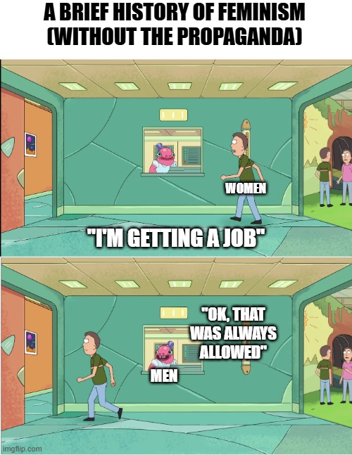 (Some of) Feminism summarized | A BRIEF HISTORY OF FEMINISM
(WITHOUT THE PROPAGANDA); WOMEN; "I'M GETTING A JOB"; "OK, THAT WAS ALWAYS ALLOWED"; MEN | image tagged in okay then that was always allowed rick and morty jerry,feminism,feminist history,political meme,history memes | made w/ Imgflip meme maker