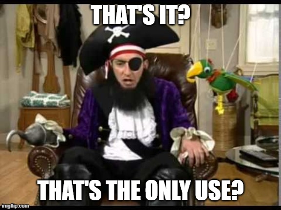 THAT'S IT? THAT'S THE ONLY USE? | image tagged in patchy the pirate that's it | made w/ Imgflip meme maker