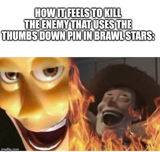 Fire Woody | HOW IT FEELS TO KILL THE ENEMY THAT USES THE THUMBS DOWN PIN IN BRAWL STARS: | image tagged in fire woody,karma,instant karma,instant regret,revenge | made w/ Imgflip meme maker