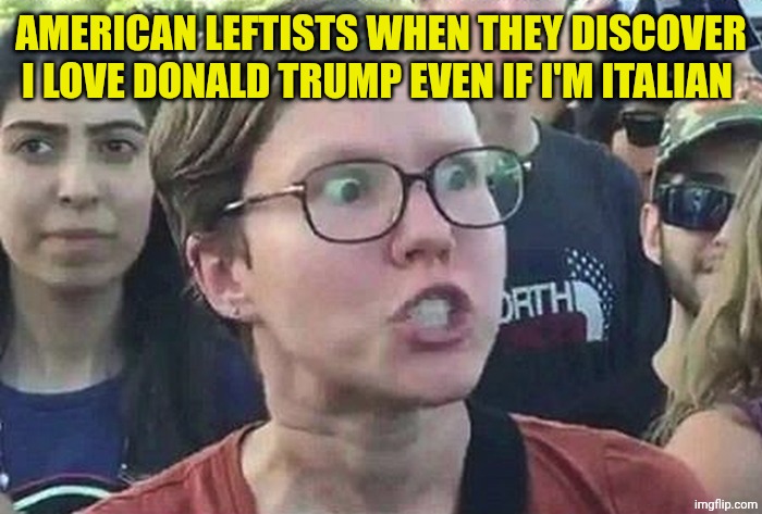 Triggered Liberal | AMERICAN LEFTISTS WHEN THEY DISCOVER I LOVE DONALD TRUMP EVEN IF I'M ITALIAN | image tagged in triggered liberal | made w/ Imgflip meme maker