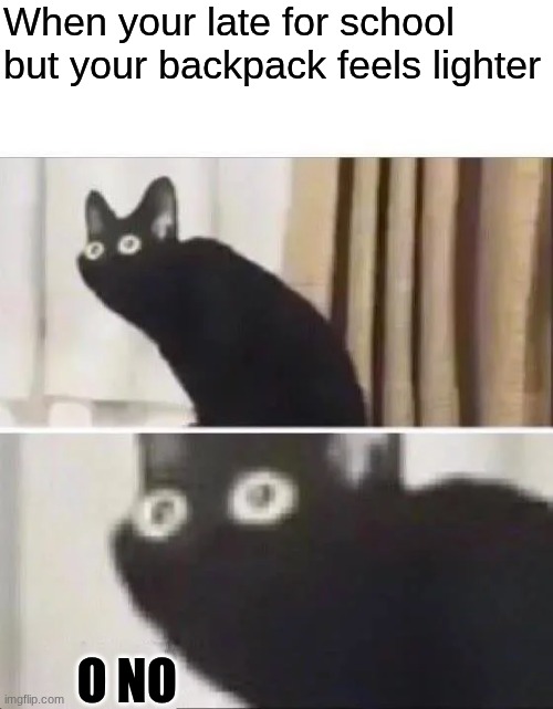 then uhh | When your late for school but your backpack feels lighter; O NO | image tagged in oh no black cat | made w/ Imgflip meme maker