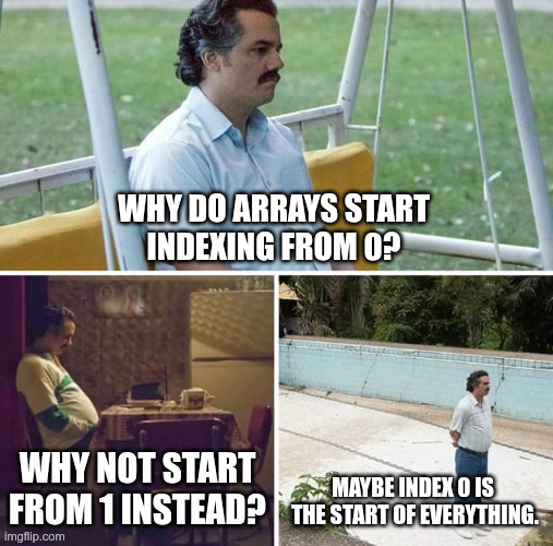 Array Index | WHY DO ARRAYS START
INDEXING FROM 0? WHY NOT START
FROM 1 INSTEAD? MAYBE INDEX 0 IS 
THE START OF EVERYTHING. | image tagged in memes,sad pablo escobar | made w/ Imgflip meme maker