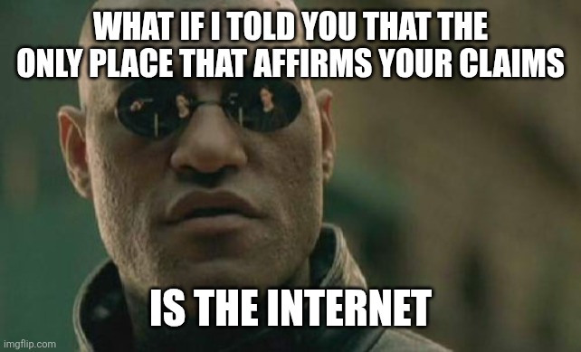 Persian claims | WHAT IF I TOLD YOU THAT THE ONLY PLACE THAT AFFIRMS YOUR CLAIMS; IS THE INTERNET | image tagged in memes,matrix morpheus,iran,iranian,persian,internet | made w/ Imgflip meme maker