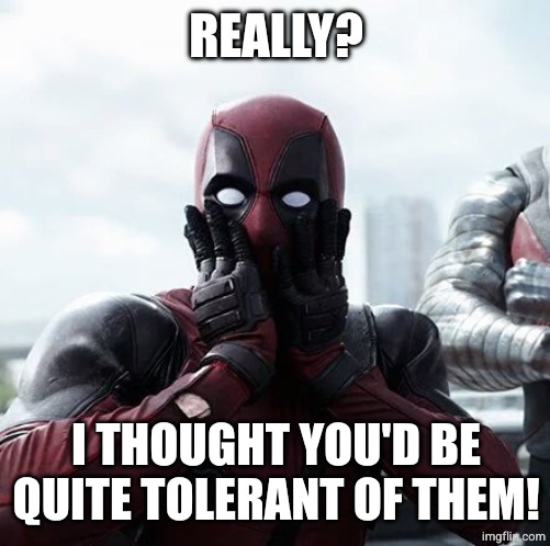 Deadpool Surprised Meme | REALLY? I THOUGHT YOU'D BE QUITE TOLERANT OF THEM! | image tagged in memes,deadpool surprised | made w/ Imgflip meme maker