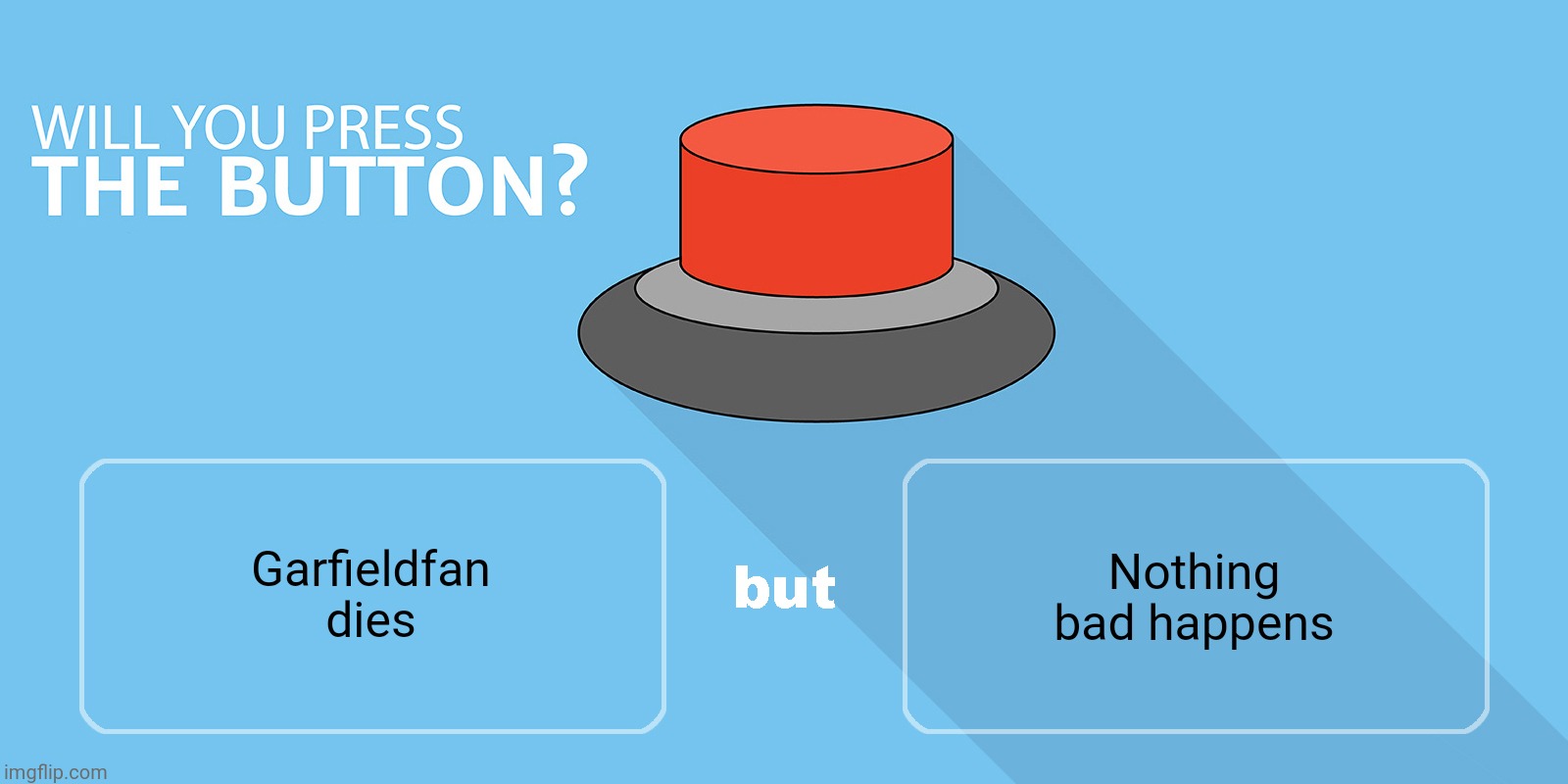 Would you press the button? | Nothing bad happens; Garfieldfan dies | image tagged in would you press the button | made w/ Imgflip meme maker