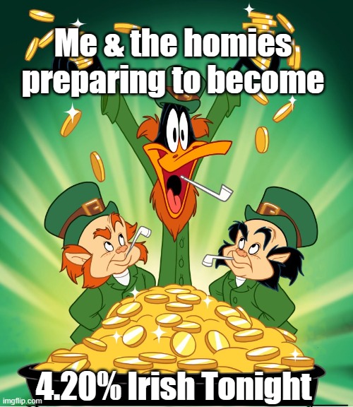 4.20% Irish | Me & the homies preparing to become; 4.20% Irish Tonight | image tagged in daffy duck st patrick's day,irish guy,st patrick's day,st patricks day,420,420 blaze it | made w/ Imgflip meme maker