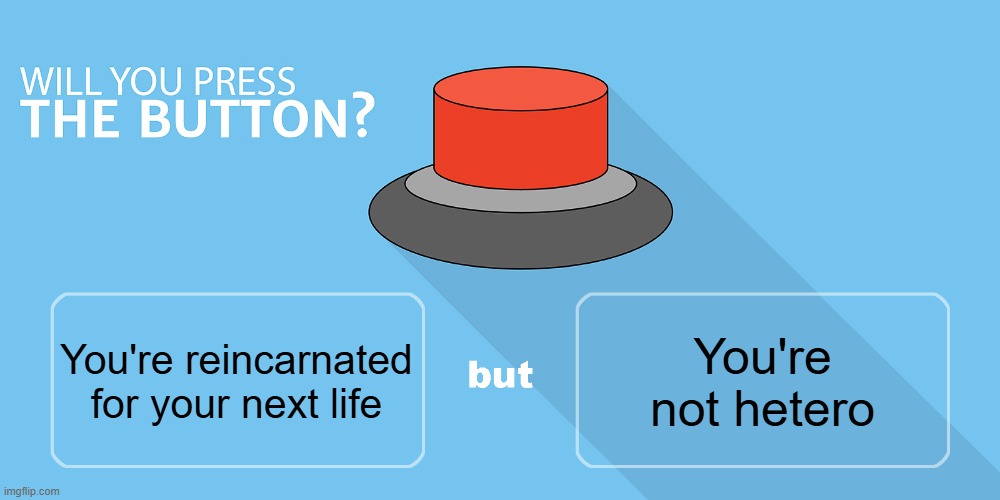 Yu takin' it? | You're not hetero; You're reincarnated for your next life | image tagged in would you press the button | made w/ Imgflip meme maker