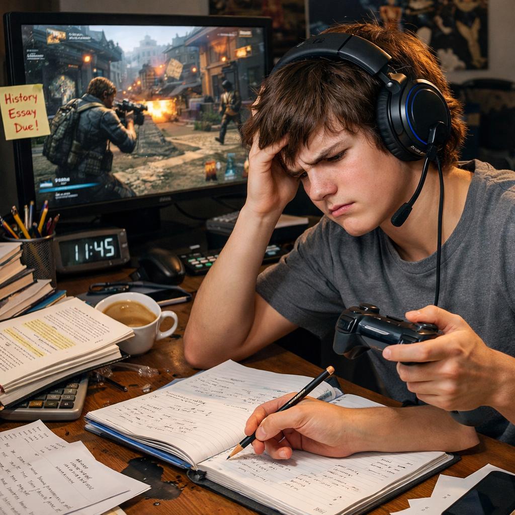 guy struggling to do home work while playing games with 2 hands Blank Meme Template