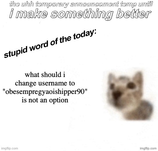 the uhh stupid car announcement temp (temporary) | what should i change username to
"obesempregyaoishipper90" is not an option | image tagged in the uhh stupid car announcement temp temporary | made w/ Imgflip meme maker