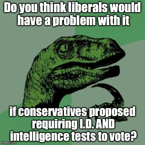 Philosoraptor | Do you think liberals would have a problem with it if conservatives proposed requiring I.D. AND intelligence tests to vote? | image tagged in memes,philosoraptor | made w/ Imgflip meme maker