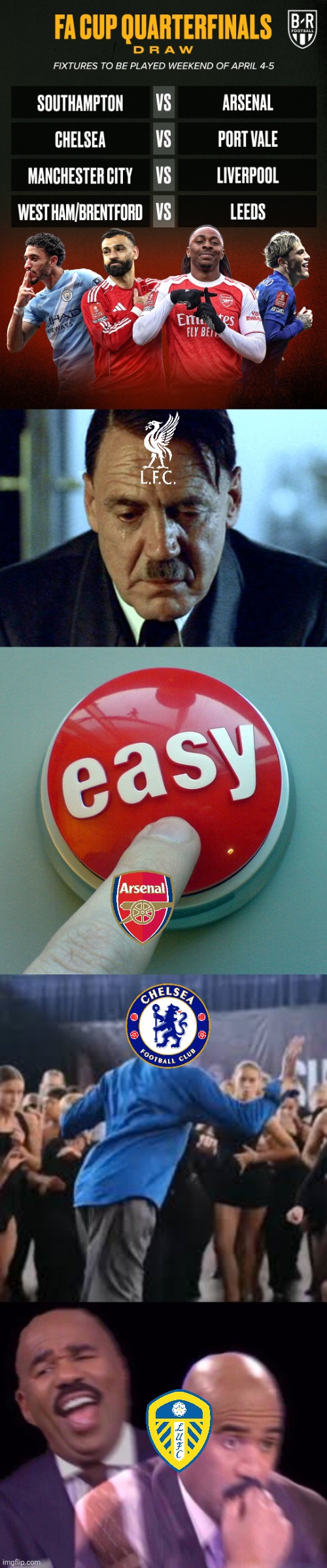 FA Cup Quarter-Finals draw... | image tagged in fa cup,arsenal,liverpool,chelsea,leeds,sports | made w/ Imgflip meme maker