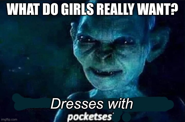 What Girls Want | WHAT DO GIRLS REALLY WANT? Dresses with | image tagged in gollum nasty pocketses,girls,dress,hot pockets,women | made w/ Imgflip meme maker