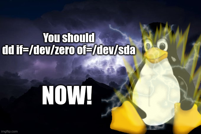 You should dd if=/dev/zero of=/dev/sda NOW! Blank Meme Template