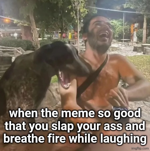 Man and dog laughing | when the meme so good that you slap your ass and
breathe fire while laughing | image tagged in man and dog laughing | made w/ Imgflip meme maker