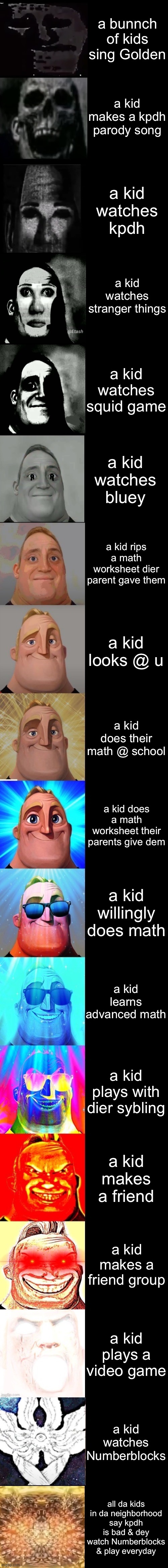 Mr Incredible from Trollge to God | a bunnch of kids sing Golden; a kid makes a kpdh parody song; a kid watches kpdh; a kid watches stranger things; a kid watches squid game; a kid watches bluey; a kid rips a math worksheet dier parent gave them; a kid looks @ u; a kid does their math @ school; a kid does a math worksheet their parents give dem; a kid willingly does math; a kid learns advanced math; a kid plays with dier sybling; a kid makes a friend; a kid makes a friend group; a kid plays a video game; a kid watches Numberblocks; all da kids in da neighborhood say kpdh is bad & dey watch Numberblocks & play everyday | image tagged in mr incredible from trollge to god | made w/ Imgflip meme maker