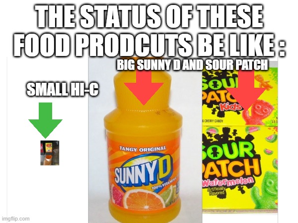 true buddy | THE STATUS OF THESE FOOD PRODCUTS BE LIKE :; BIG SUNNY D AND SOUR PATCH; SMALL HI-C | image tagged in memes,sour patch,true | made w/ Imgflip meme maker