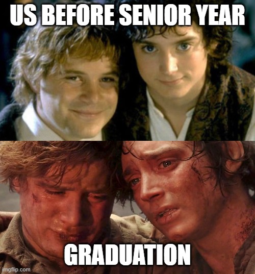 Senior year before and after | US BEFORE SENIOR YEAR; GRADUATION | image tagged in sam and frodo before and after mt doom | made w/ Imgflip meme maker